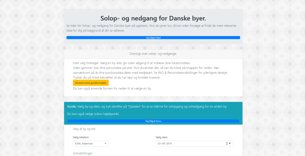 Screenshot af solop- og nedgang for Danske byer.