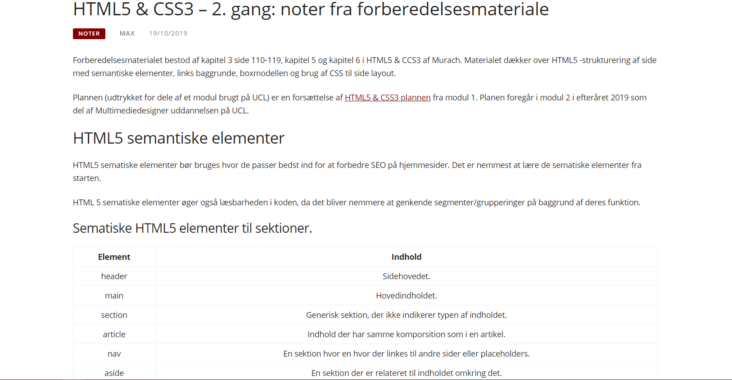 Screenshot fra indlægget: HTML5 & CSS3 2. gang noter fra forberedelsesmateriale