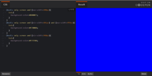 Screenshot fra codepen udviklingsmiøjet for media queries definerer background color.