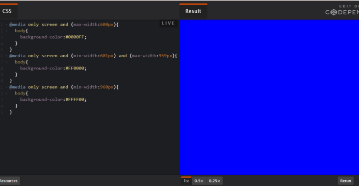 Screenshot fra codepen udviklingsmiøjet for media queries definerer background color.