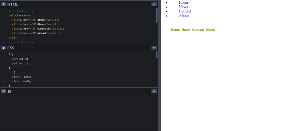 Screenshot fra codepen udviklingsmiljøet for Vertical and horizontal unordered list.